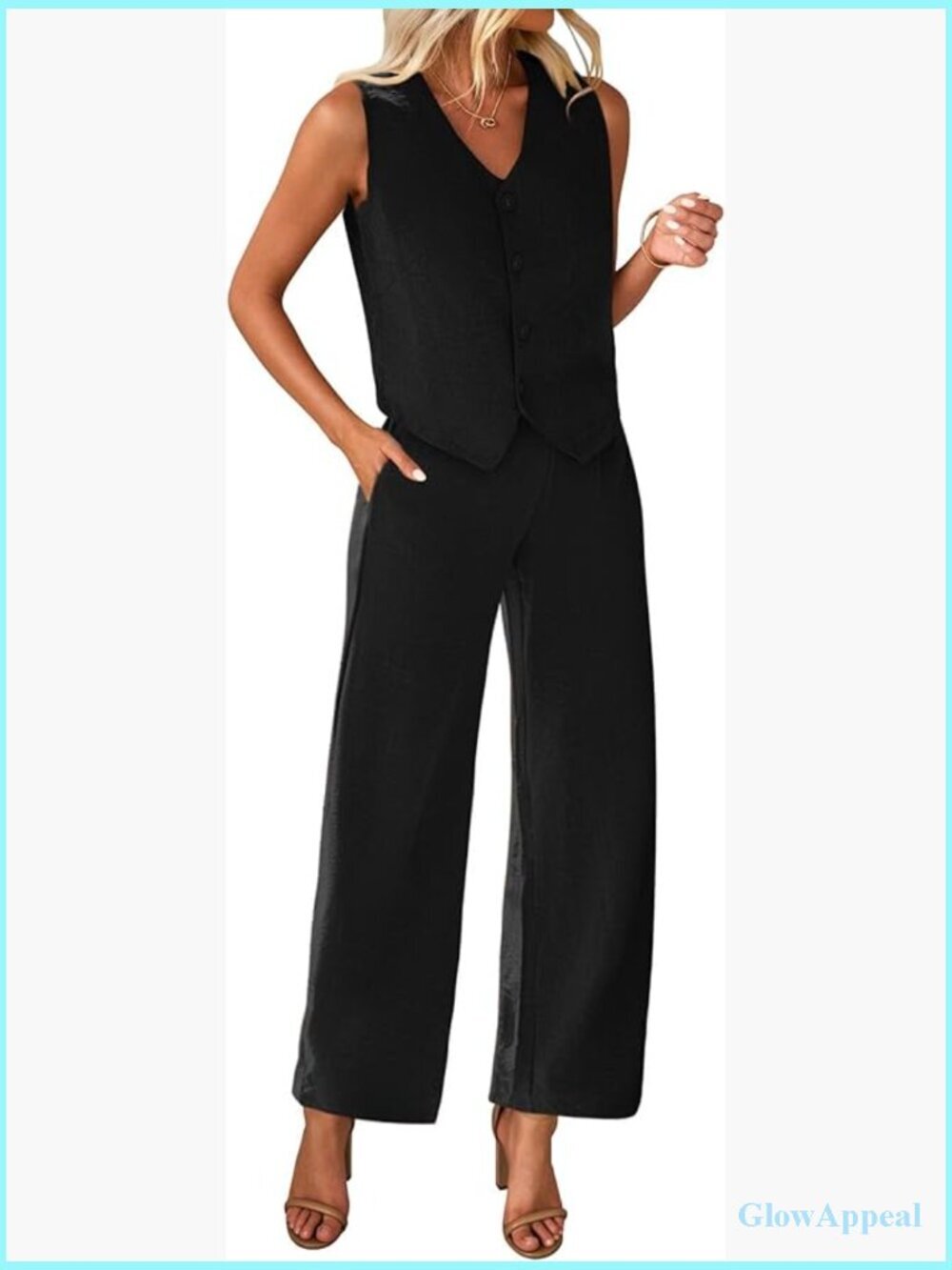 2 Piece Suit Set Vest Blazer Wide Leg Pants Office Outfit